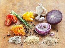 Assorted ingredients on a wooden board