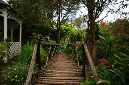 Romantic, old wooden bridge next to pavilion in lush, green garden