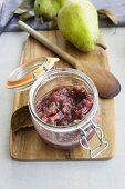Pear and plum compote in a jar