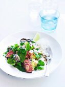 A mixed salad with barbecued beef steak and aubergines
