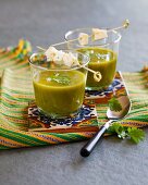 Coriander soup with curd cheese skewers