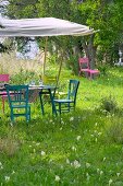 A table laid for a meal in the garden, under an awning