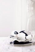 Christmas place setting in white and dark blue