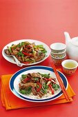 Beef with bamboo shoots, peppers and pak choi on a bed of rice (Canton, China)