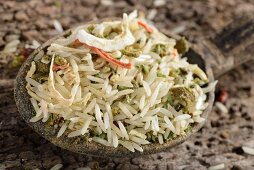 Basmati rice with peppers, onion, lemon grass, parsley, kaffir lime leaves, carrots, leek, celery and assorted spices