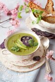 A Bowl of Spring Green Soup with Avocado and Beet Chips