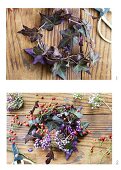 Putting together a wreath made of callicarpa, mini-rose hips and lilac ivy