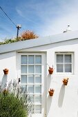 Lavender bush in front of glass door, small planters on wall and green roof