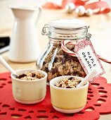 Homemade Maple Granola in a Gift Jar and in Two Bowls