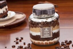 Assorted ingredients for coffee in a screw-top jar as a gift