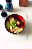 Japanische Nudelsuppe mit Udonnudeln und Hähnchenfleisch