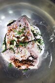 Guanciale; Italian Cured Pork Jowl; Curing in Salt, Dextrose, Pink Curing Salt, Garlic, Rosemary and Pepper
