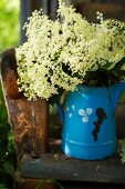 Elderflowers in a blue enamel jug