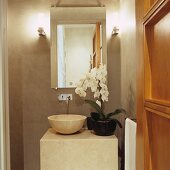 Orchid on stone washstand with modern, wall-mounted tap fitting