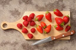 Frische Erdbeeren und Himbeeren auf Schneidebrett mit Messer