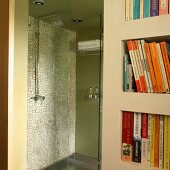 Green shower stall with mosaic tile wall and glass door next to a bookcase
