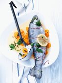 Trout in white wine sauce with carrots