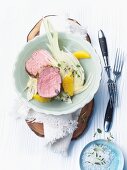Veal fillet with marinated fennel and oranges
