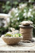 Bowl with hand-knitted cover and reel of yarn on table in garden