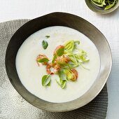 Potato-coconut soup with shrimp