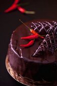 Chocolate chili cake covered with dark chocolate and garnished with small chili peppers