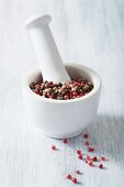 Assorted peppercorns in a mortar