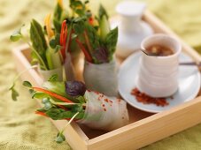 Spring rolls with asparagus and cress, chilli dip (Asia)