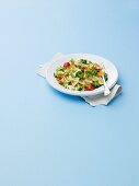 Bow Tie Pasta Salad with Broccoli and Tomatoes on a White Plate