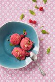 Scoops of Raspberry Ice Cream with Fresh Raspberries and Mint Leaves