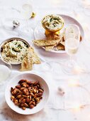 Leek and mascarpone dip with pepper wafers and Spiced nuts