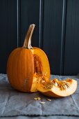 A pumpkin, cut open
