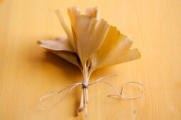 Tied bundle of gingko leaves on wooden surface