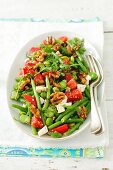 Green bean, broad bean, tomato and feta salad with rocket and walnuts