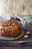 Ein ganzer Laib Feigen-Mandel-Brot auf Topflappen