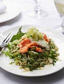 Vegetables couscous with salmon