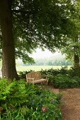 Sitzbank aus Holz vor Baum in grosszügiger Gartenanlage