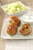 Baked potatoes with minced meat and vegetable filling and a yoghurt dip