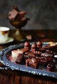 Assorted chocolates on an antique tray