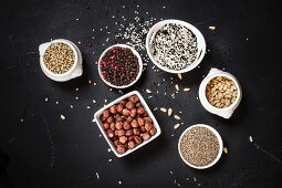 Ingredients for making an Egyptian dukkah spice mix with nuts