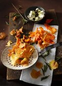 Sweet potato crisps and rosemary crisps with pumpkin seed dip