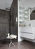 Contemporary bathroom with shower area behind glass partition