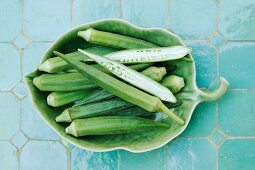 Okra in a leaf-shaped bowl