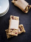 Homemade peanut butter power protein bars with oats, honey, cranberries and nuts.