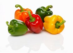Five peppers (green, red, yellow and orange)