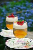 Peaches in jelly with panna cotta and raspberries