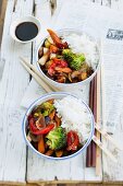 Vegetables with rice and soy sauce (Asia)