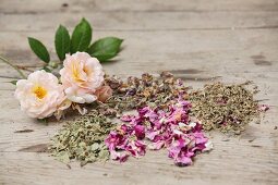 Dried herbs and rose petals for women's tea