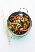 Beef fillet with colourful vegetables cooked in the wok