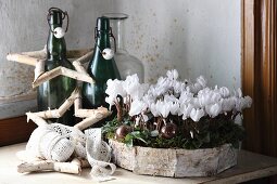 Hand-crafted birch bark wreath with white cyclamen, birch bark star and vintage bottles