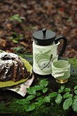 Crocheted coffee pot and glass warmer next to chocolate cake on plate in woodland